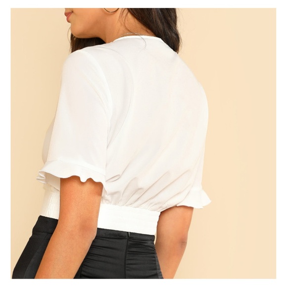 White V Neck Surplice Short Sleeve Crop Top - Picture 3 of 5